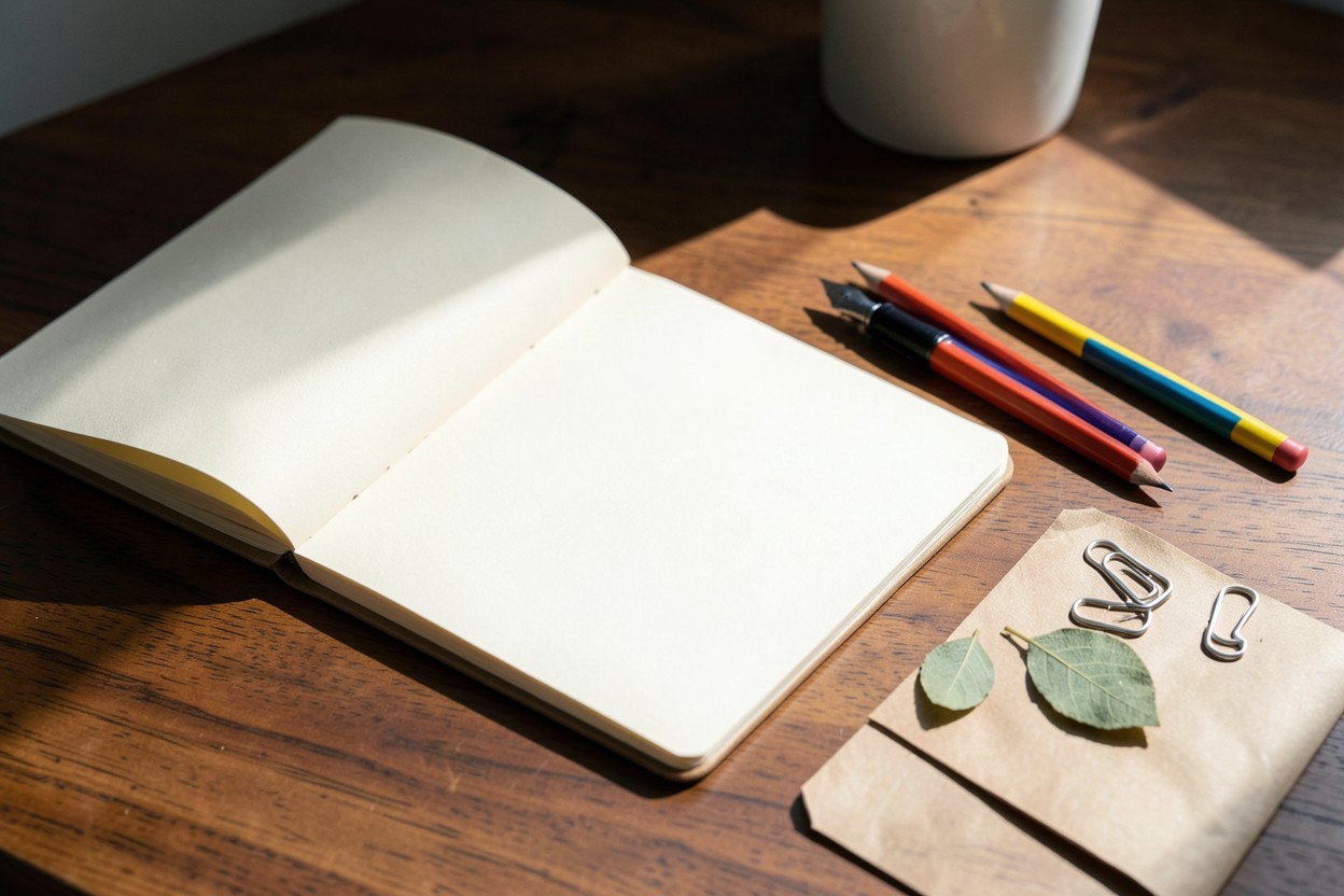 Cuaderno, lápices y elementos de papelería sobre una mesa de madera